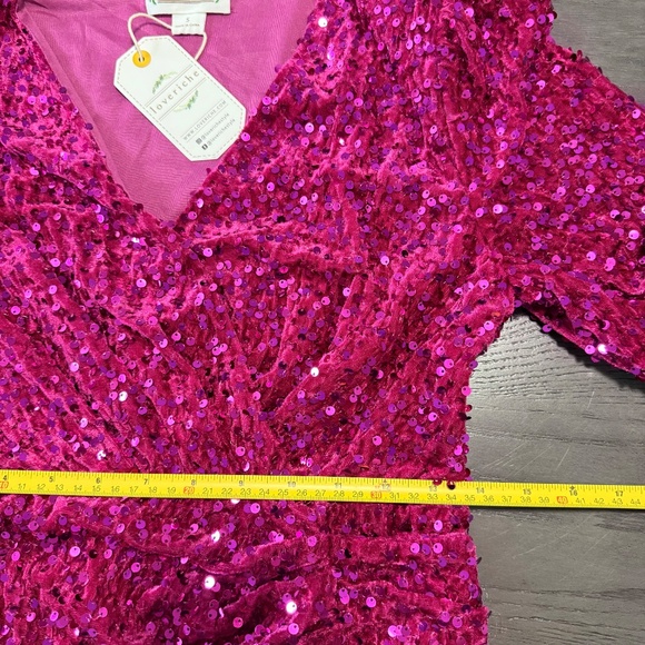 LOVE RICHE Pink Velvet Sequin Long Sleeve V Neck Wrapped Mini Dress Size S - Picture 9 of 12